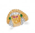 Gold Indian Head Mens Ring with Ruby and Emerald