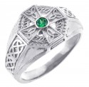 Men's Celtic Band - White Gold Celtic Ring Mens with Emerald