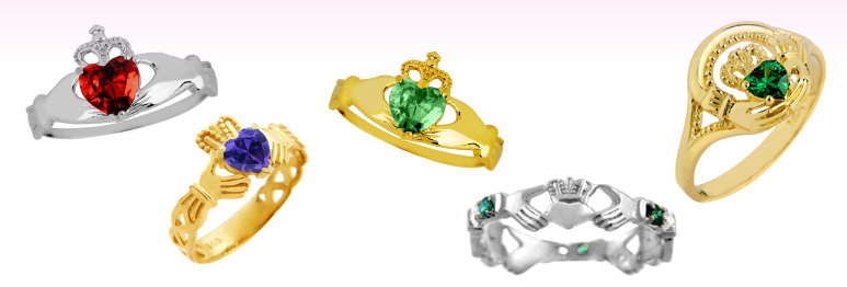 birthstone claddagh rings, colorstone claddagh rings